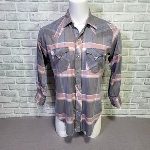 Vintage 70s H Bar C Ranchwear Mens 16-35 Lightweight Plaid Pearl Snap L/S Shirt